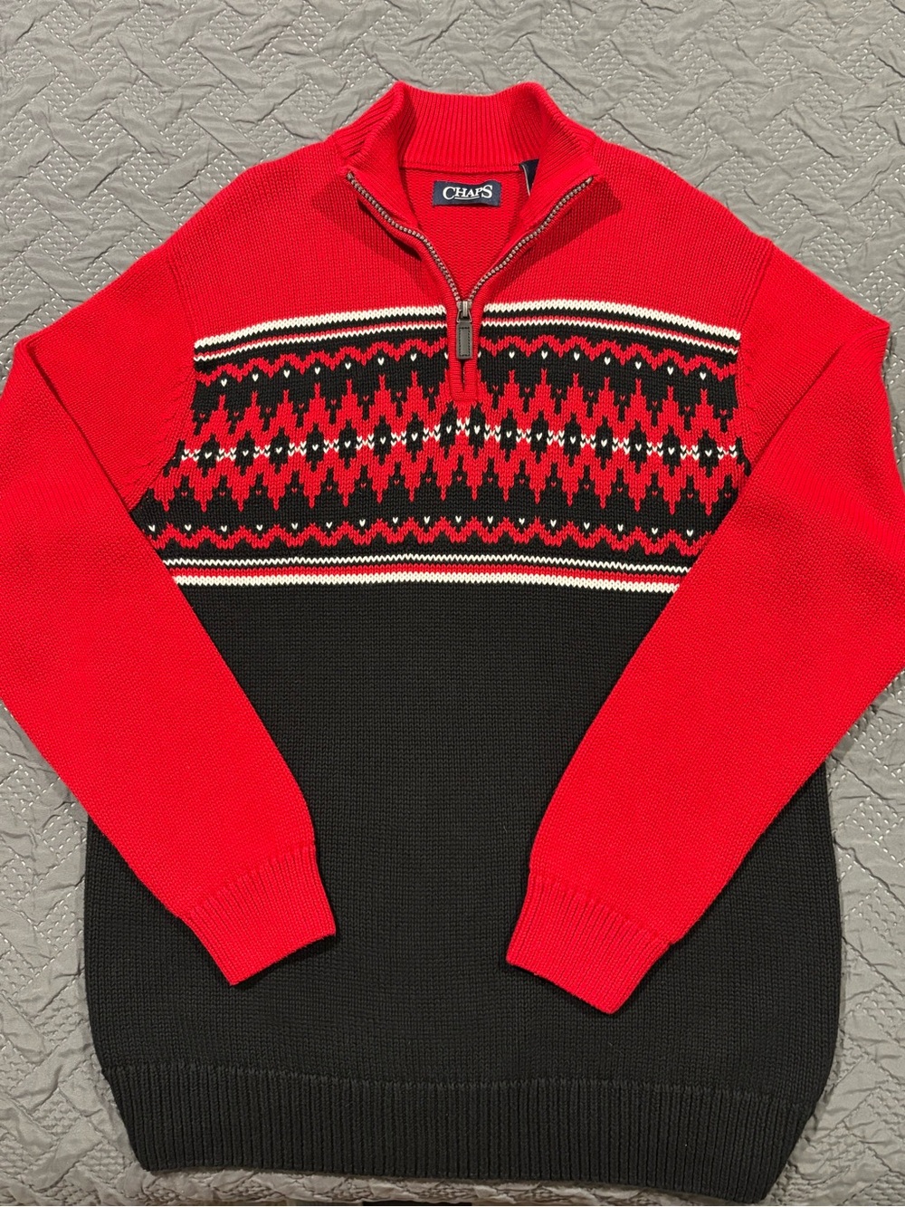 Chaps Red and Black Half-Zip Fair Isle Sweater
